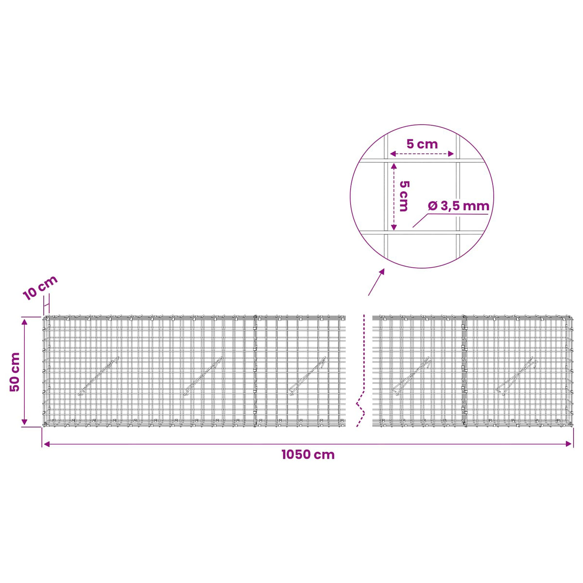 Gabionas su 3,5 mm laidu ir 5x5 cm tinkleliu 1050x10x50 cm