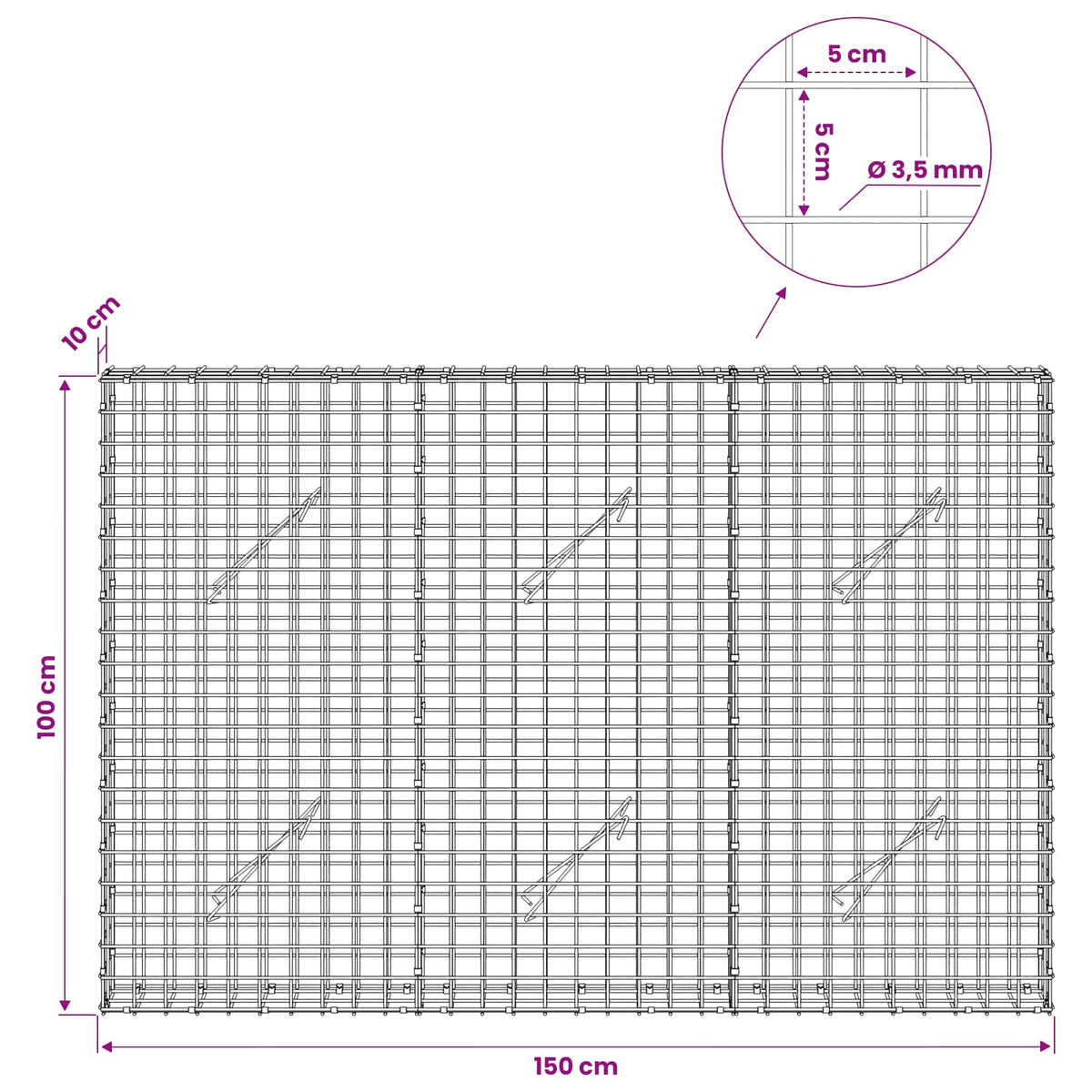 Gabionas su 3,5 mm laidu ir 5x5 cm tinkleliu 150x10x100 cm