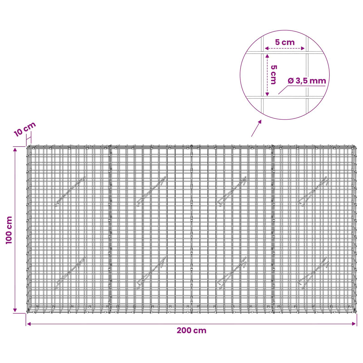 Gabionas su 3,5 mm laidu ir 5x5 cm tinkleliu 200x10x100 cm