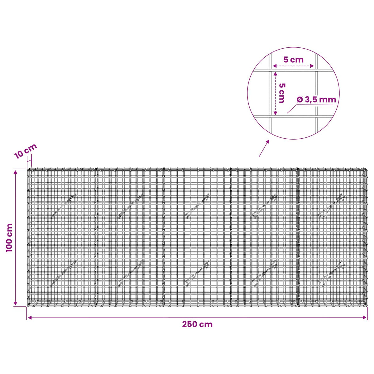Gabionas su 3,5 mm laidu ir 5x5 cm tinkleliu 250x10x100 cm