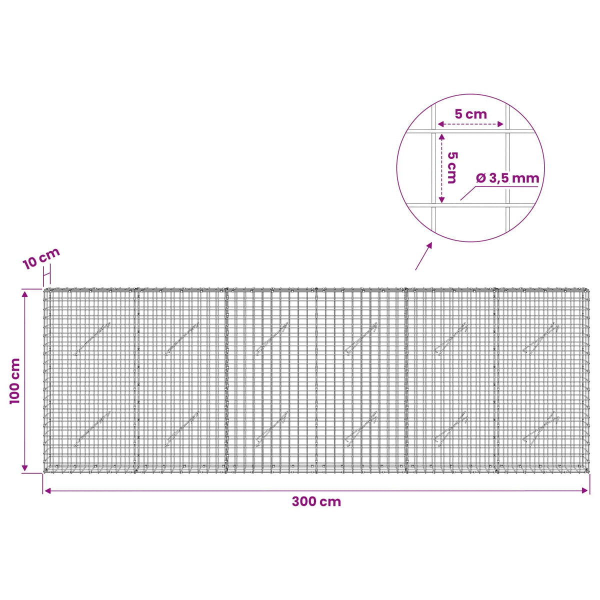 Gabionas su 3,5 mm laidu ir 5x5 cm tinkleliu 300x10x100 cm