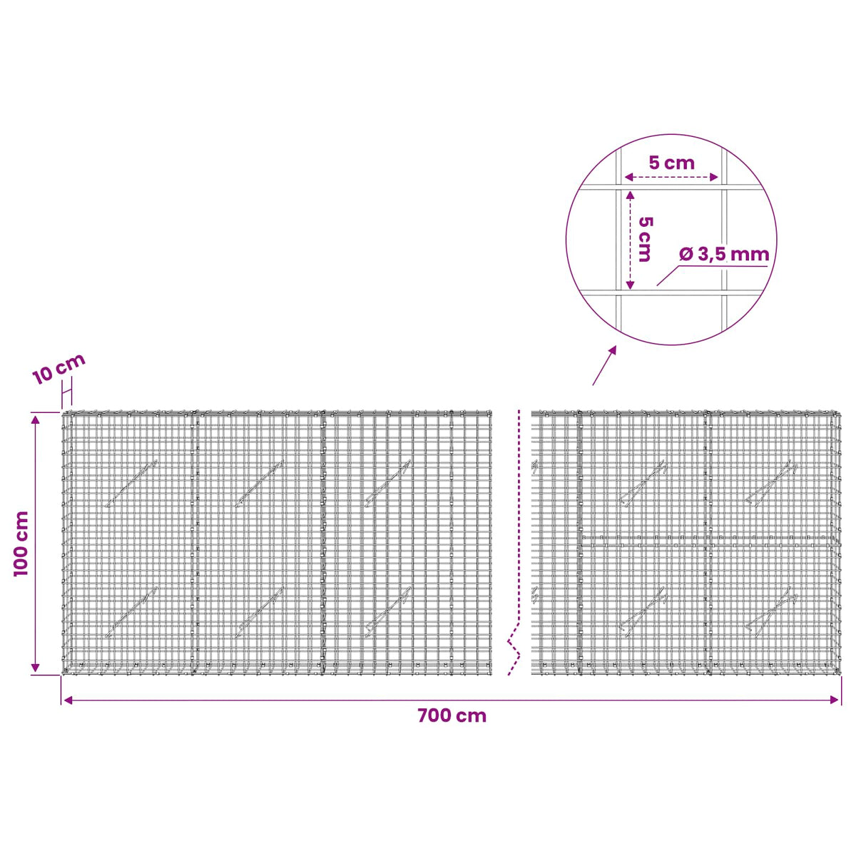 Gabionas su 3,5 mm laidu ir 5x5 cm tinkleliu 700x10x100 cm