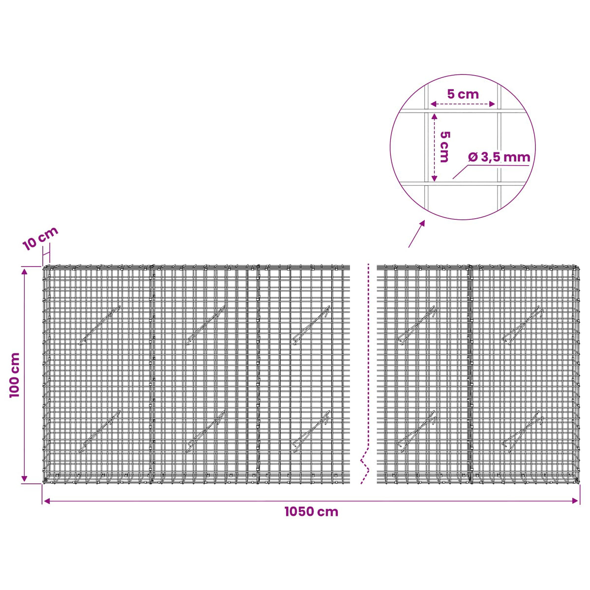 Gabionas su 3,5 mm laidu ir 5x5 cm tinkleliu 1050x10x100 cm