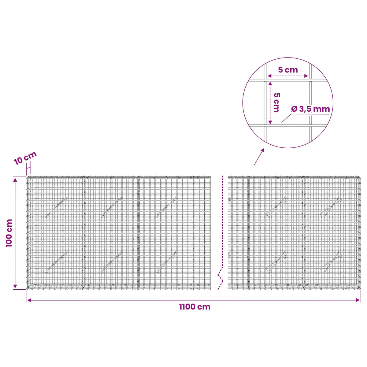 Gabionas su 3,5 mm laidu ir 5x5 cm tinkleliu 1100x10x100 cm