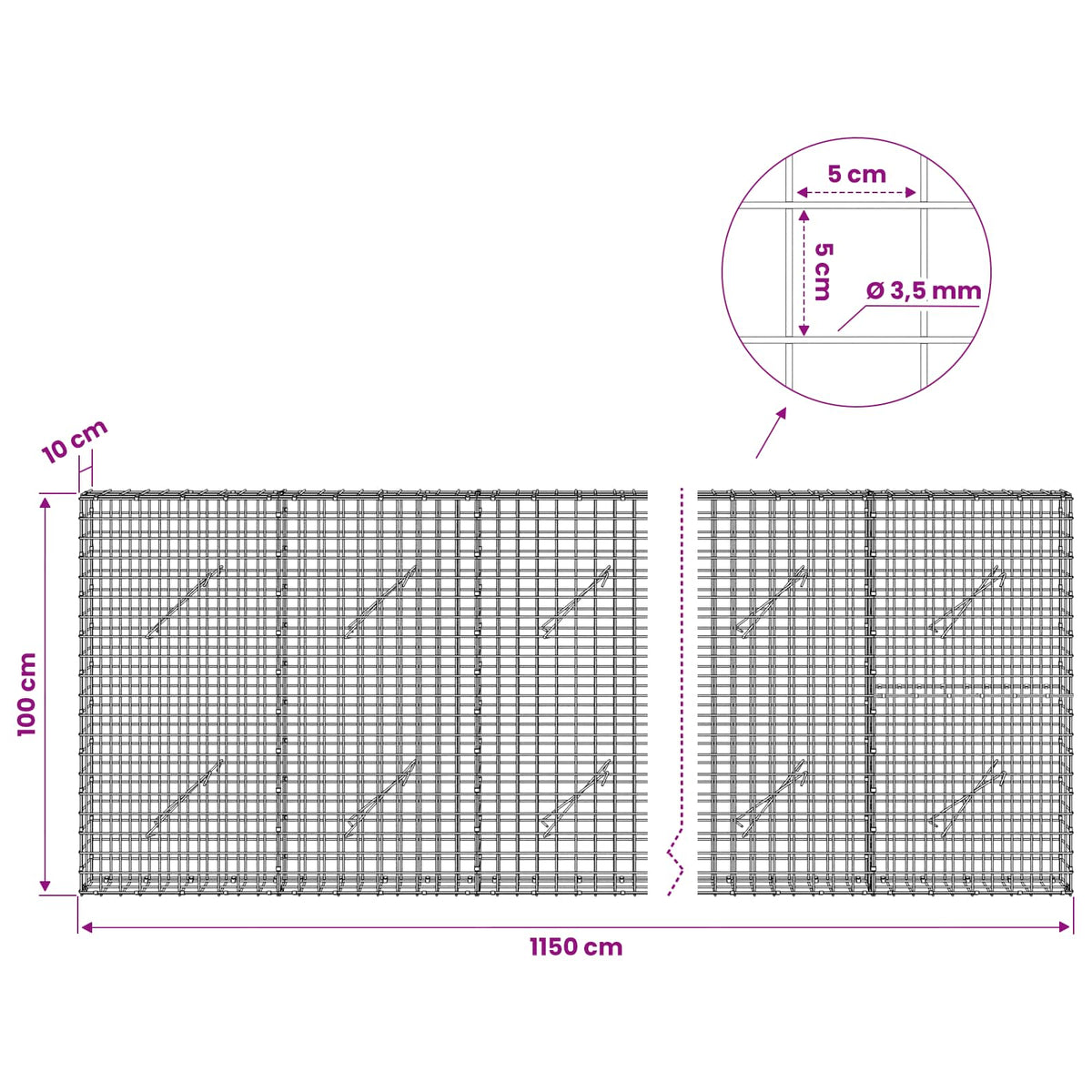 Gabionas su 3,5 mm laidu ir 5x5 cm tinkleliu 1150x10x100 cm