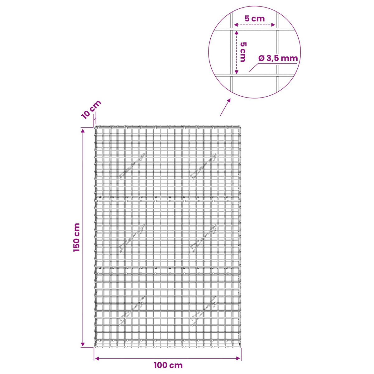 Gabionas su 3,5 mm laidu ir 5x5 cm tinkleliu 100x10x150 cm
