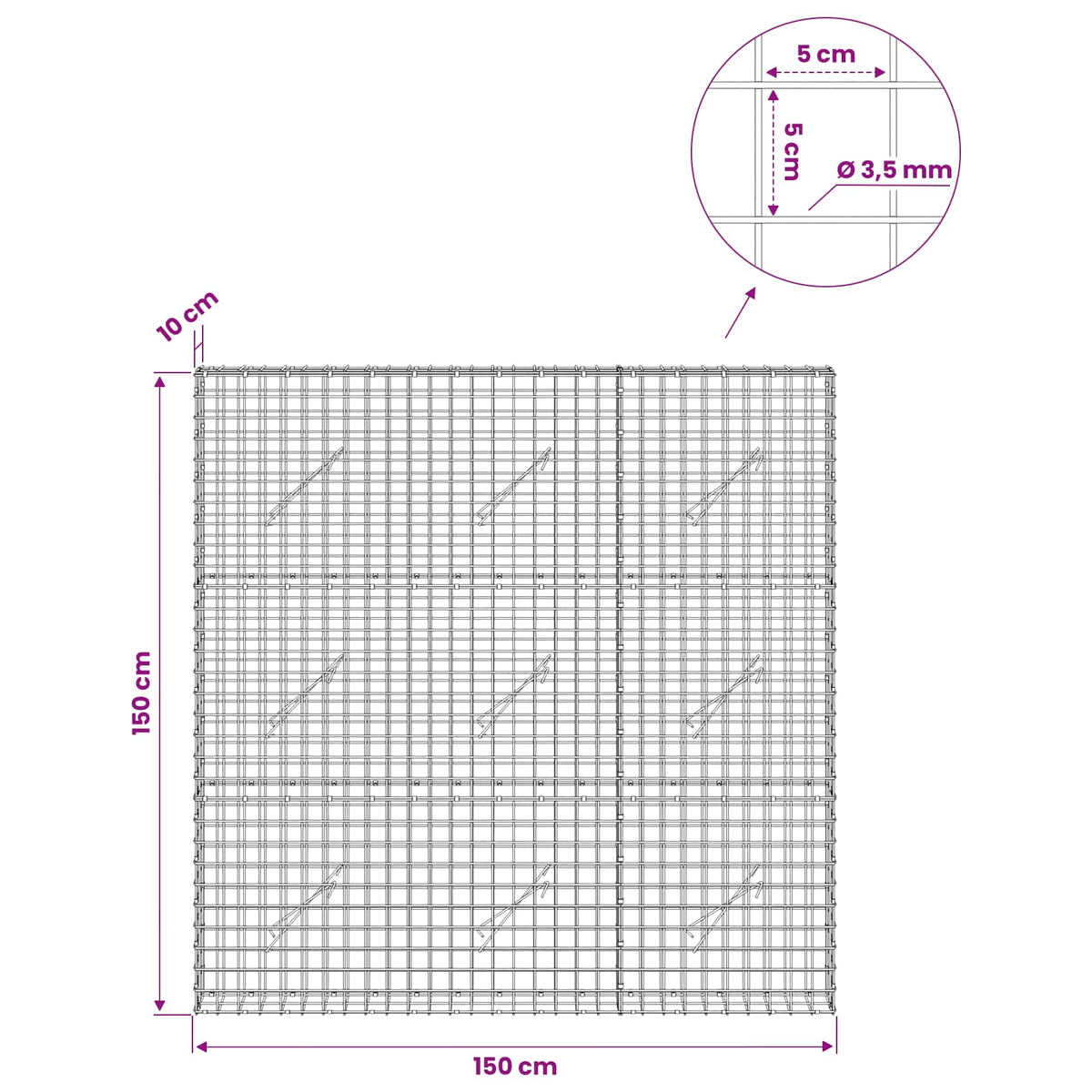 Gabionas su 3,5 mm laidu ir 5x5 cm tinkleliu 150x10x150 cm