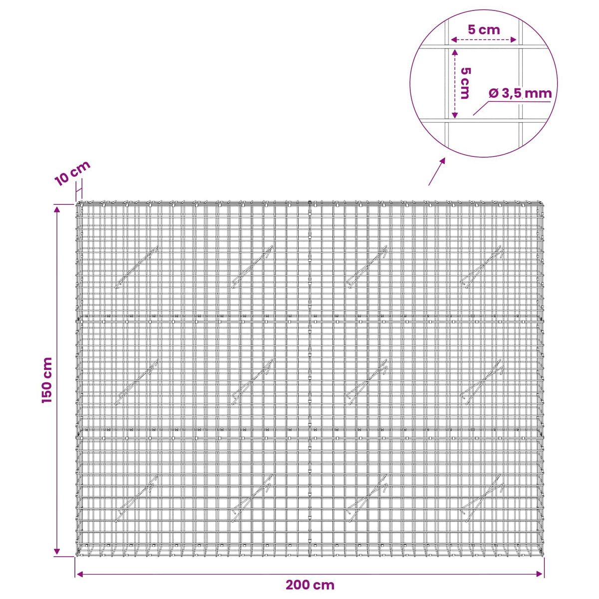 Gabionas su 3,5 mm laidu ir 5x5 cm tinkleliu 200x10x150 cm