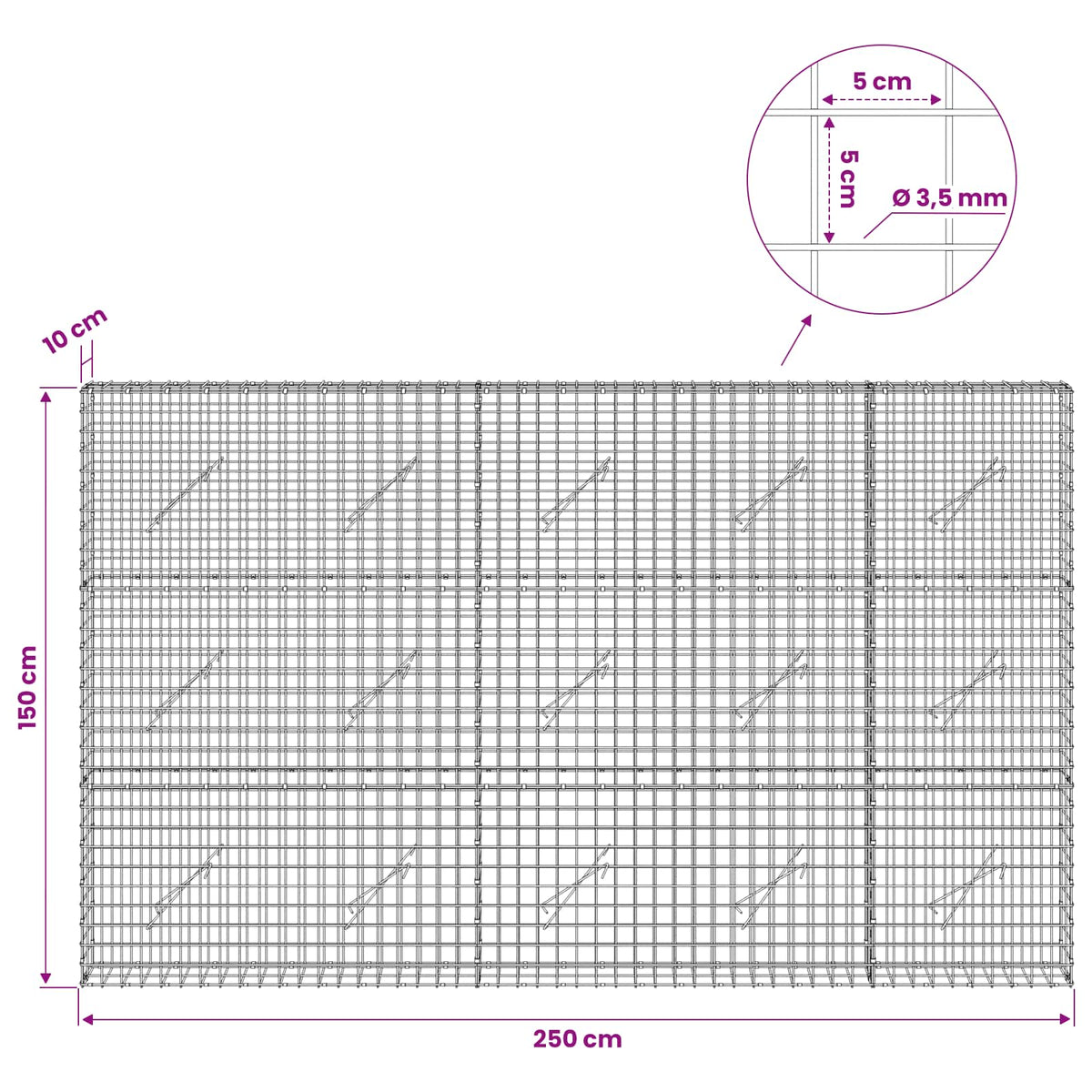 Gabionas su 3,5 mm laidu ir 5x5 cm tinkleliu 250x10x150 cm