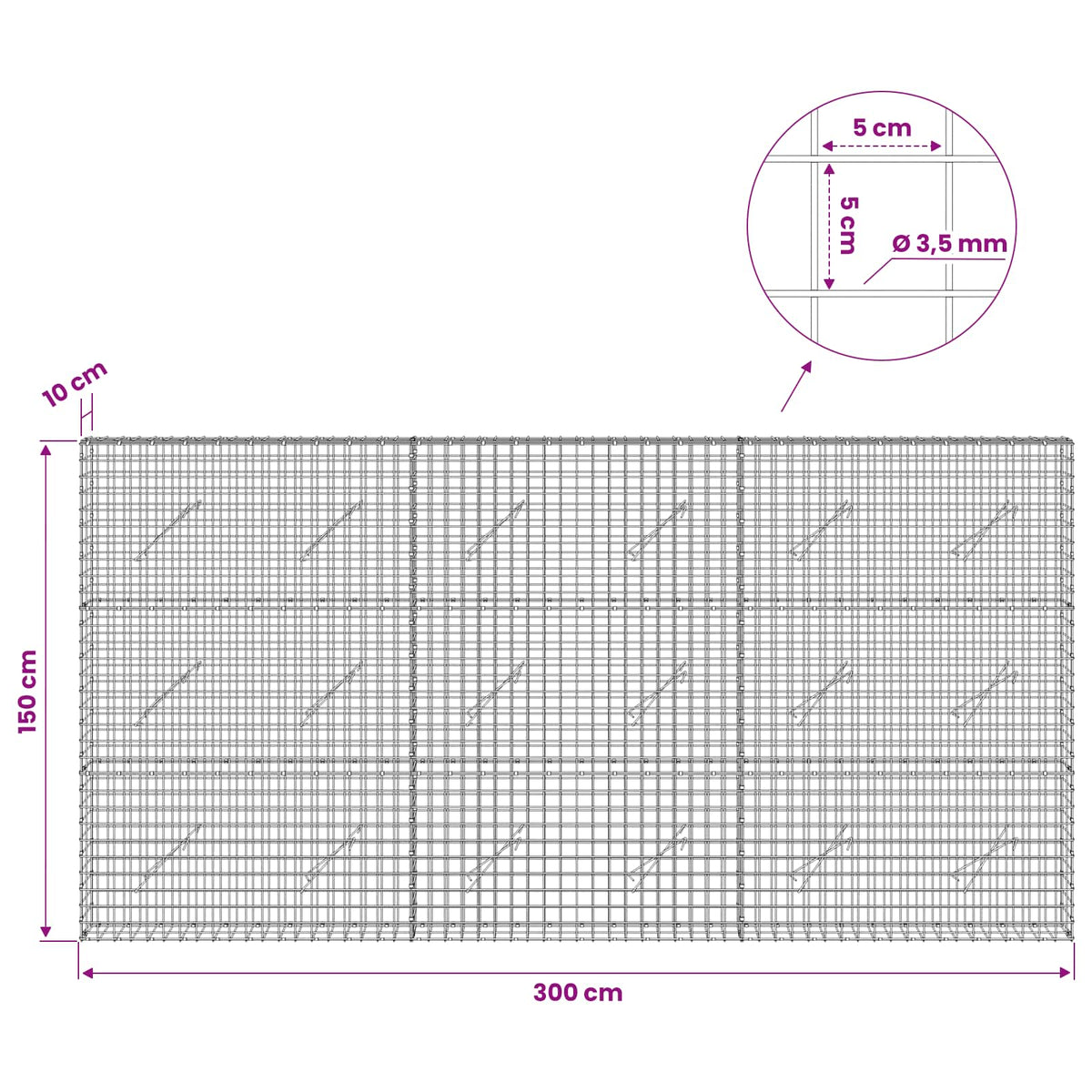 Gabionas su 3,5 mm laidu ir 5x5 cm tinkleliu 300x10x150 cm