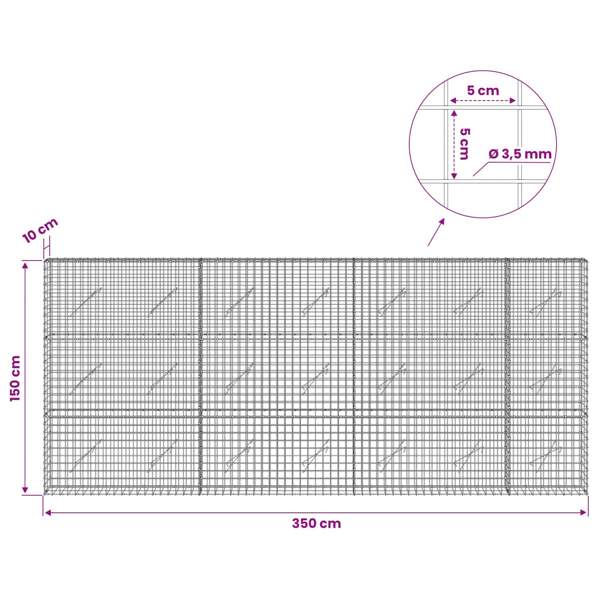 Gabionas su 3,5 mm laidu ir 5x5 cm tinkleliu 350x10x150 cm