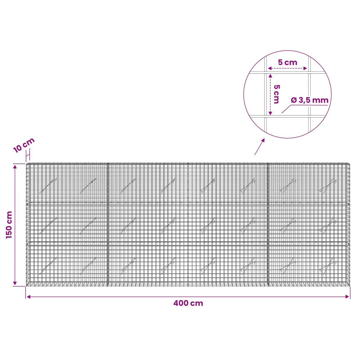 Gabionas su 3,5 mm laidu ir 5x5 cm tinkleliu 400x10x150 cm