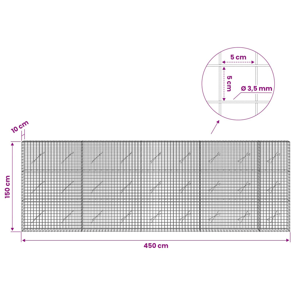 Gabionas su 3,5 mm laidu ir 5x5 cm tinkleliu 450x10x150 cm