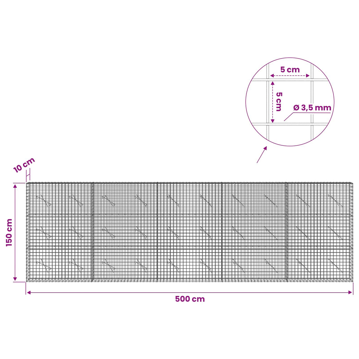 Gabionas su 3,5 mm laidu ir 5x5 cm tinkleliu 500x10x150 cm