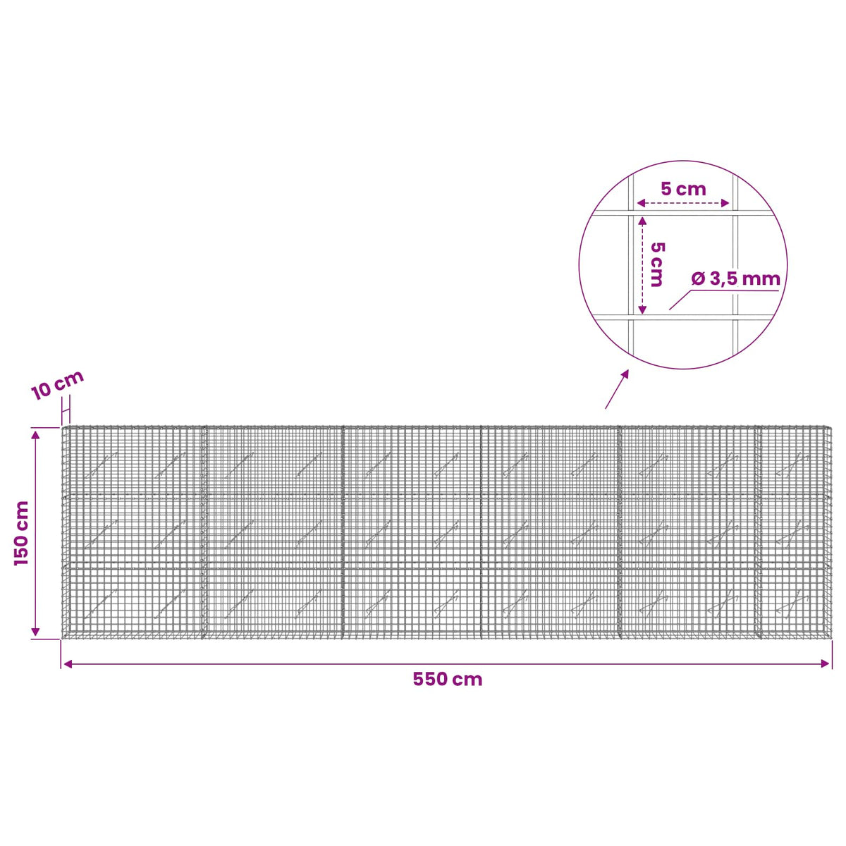 Gabionas su 3,5 mm laidu ir 5x5 cm tinkleliu 550x10x150 cm