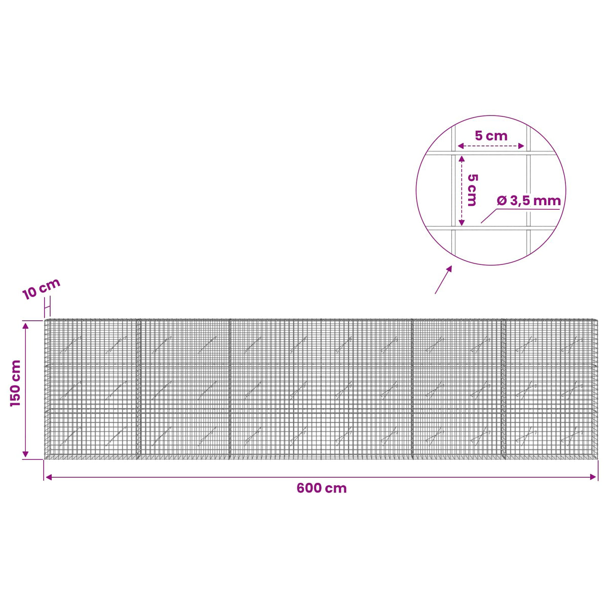 Gabionas su 3,5 mm laidu ir 5x5 cm tinkleliu 600x10x150 cm