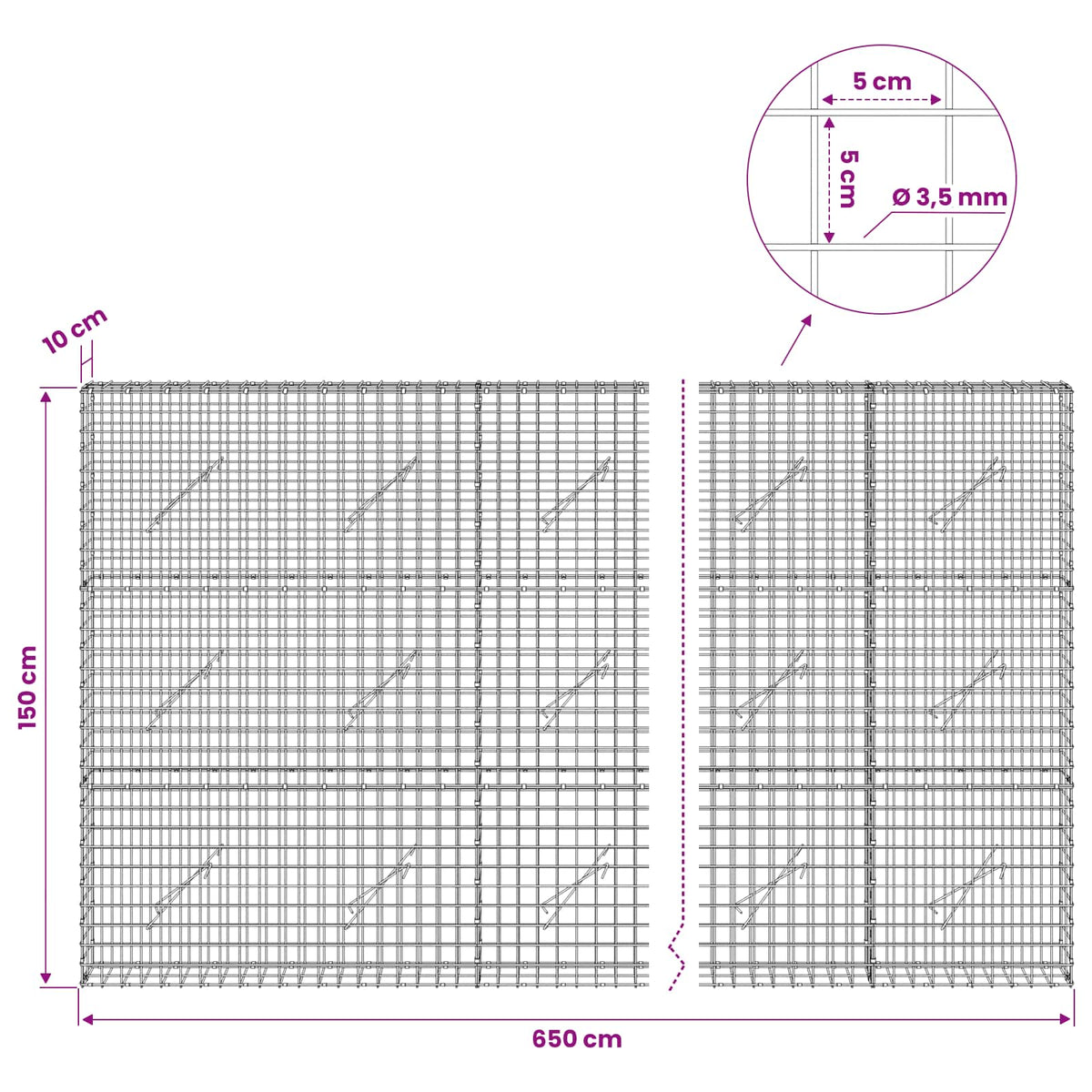 Gabionas su 3,5 mm laidu ir 5x5 cm tinkleliu 650x10x150 cm