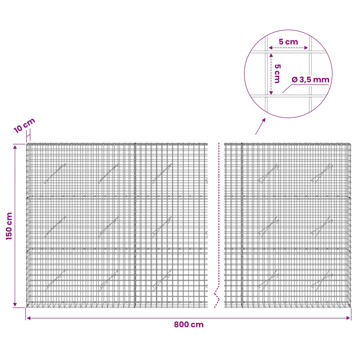 Gabionas su 3,5 mm laidu ir 5x5 cm tinkleliu 800x10x150 cm