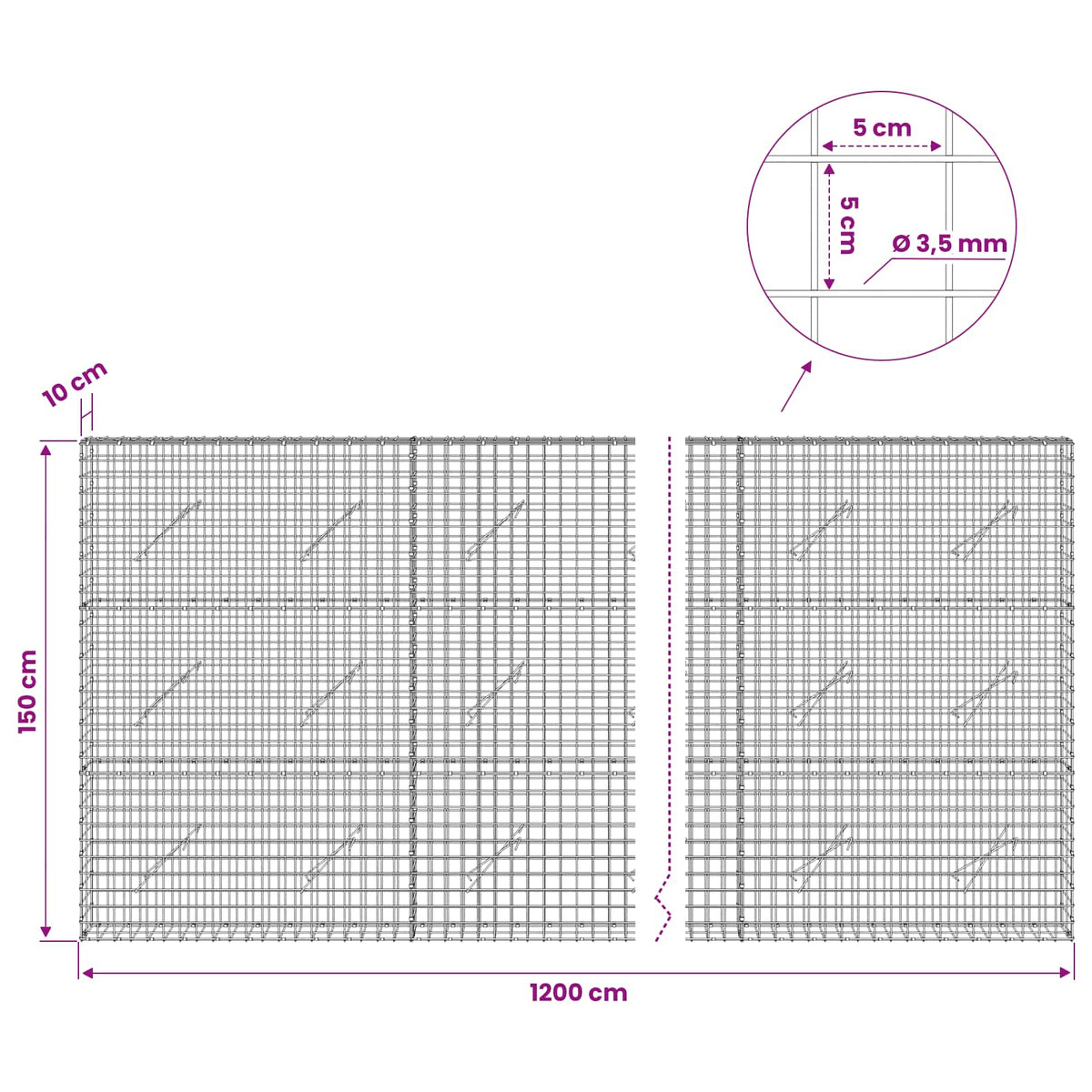 Gabionas su 3,5 mm laidu ir 5x5 cm tinkleliu 1200x10x150 cm