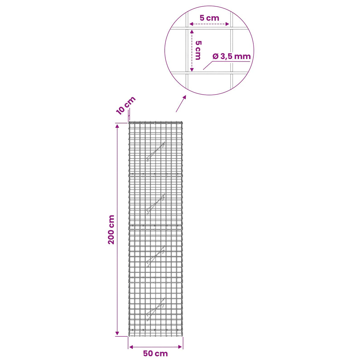 Gabionas su 3,5 mm laidu ir 5x5 cm tinkleliu 50x10x200 cm