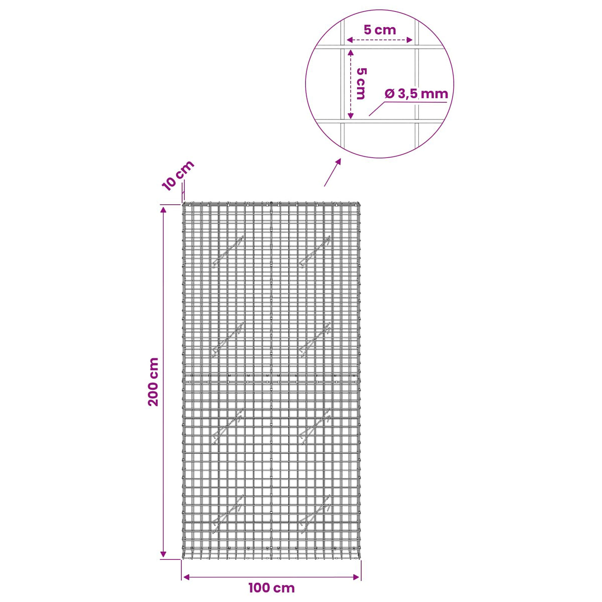 Gabionas su 3,5 mm laidu ir 5x5 cm tinkleliu 100x10x200 cm