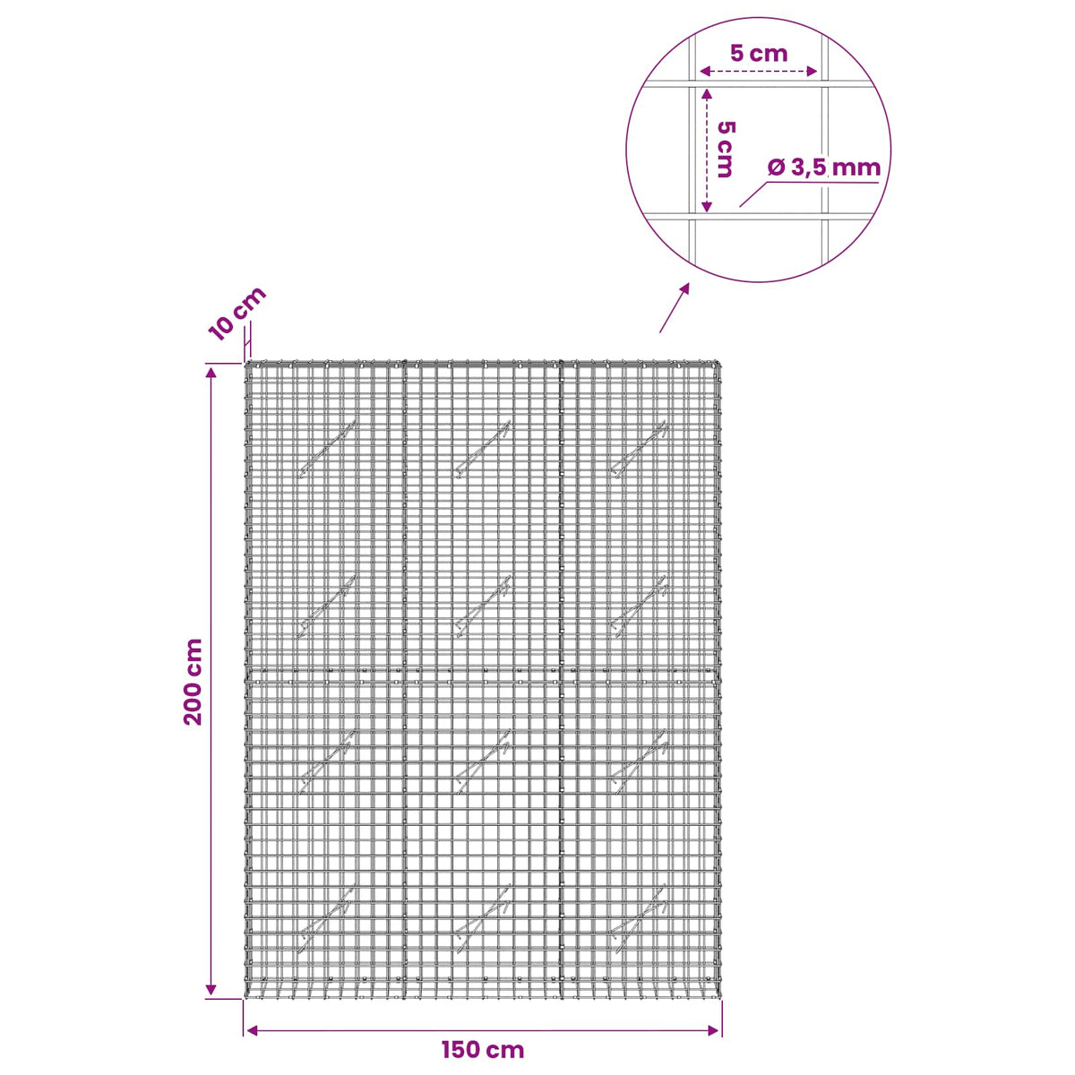 Gabionas su 3,5 mm laidu ir 5x5 cm tinkleliu 150x10x200 cm