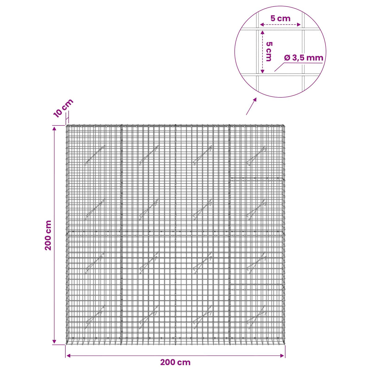 Gabionas su 3,5 mm laidu ir 5x5 cm tinkleliu 200x10x200 cm