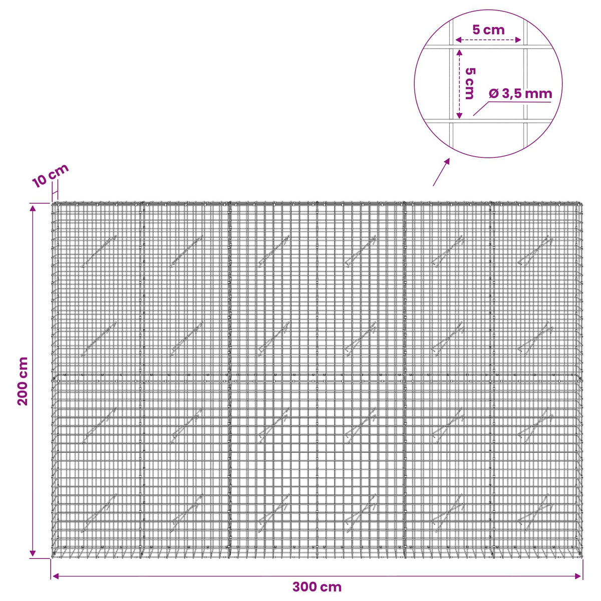 Gabionas su 3,5 mm laidu ir 5x5 cm tinkleliu 300x10x200 cm