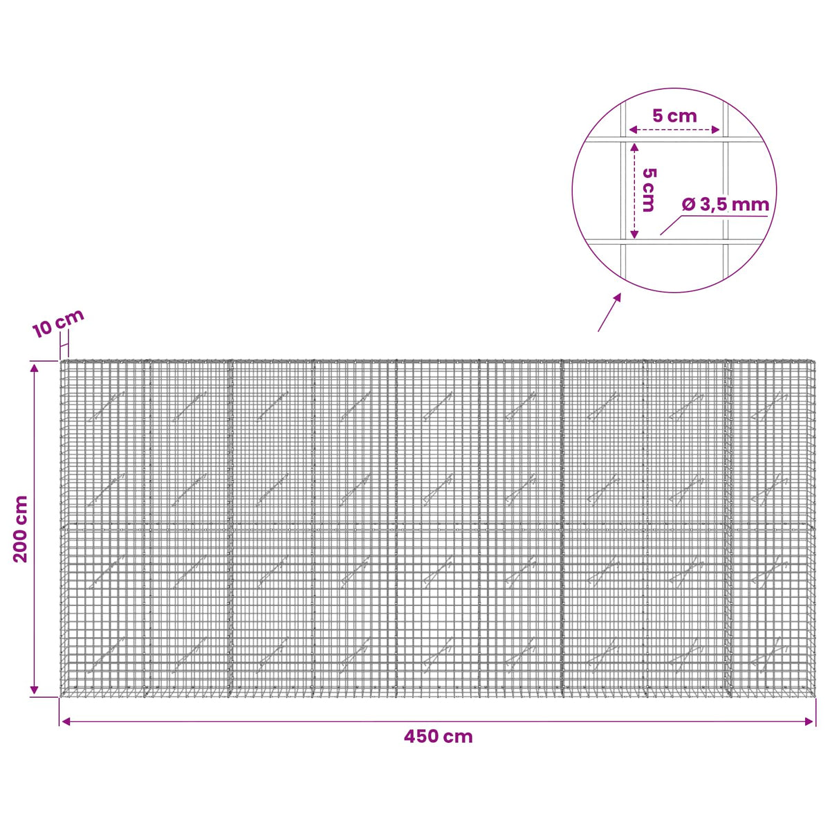 Gabionas su 3,5 mm laidu ir 5x5 cm tinkleliu 450x10x200 cm