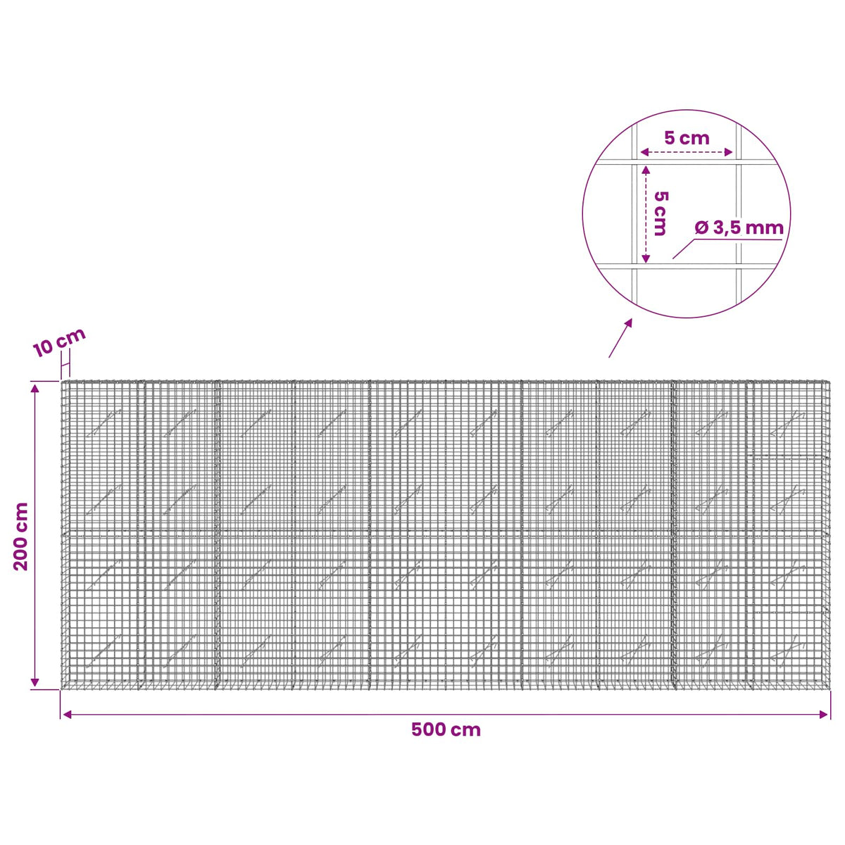 Gabionas su 3,5 mm laidu ir 5x5 cm tinkleliu 500x10x200 cm