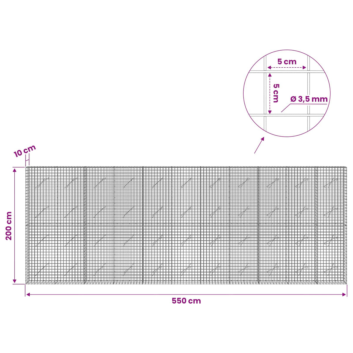 Gabionas su 3,5 mm laidu ir 5x5 cm tinkleliu 550x10x200 cm