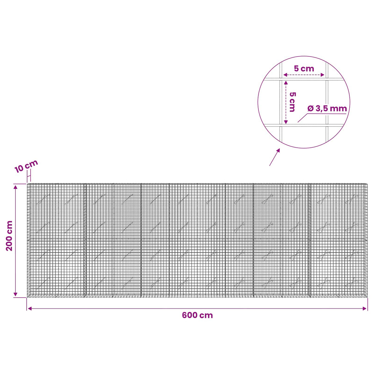 Gabionas su 3,5 mm laidu ir 5x5 cm tinkleliu 600x10x200 cm