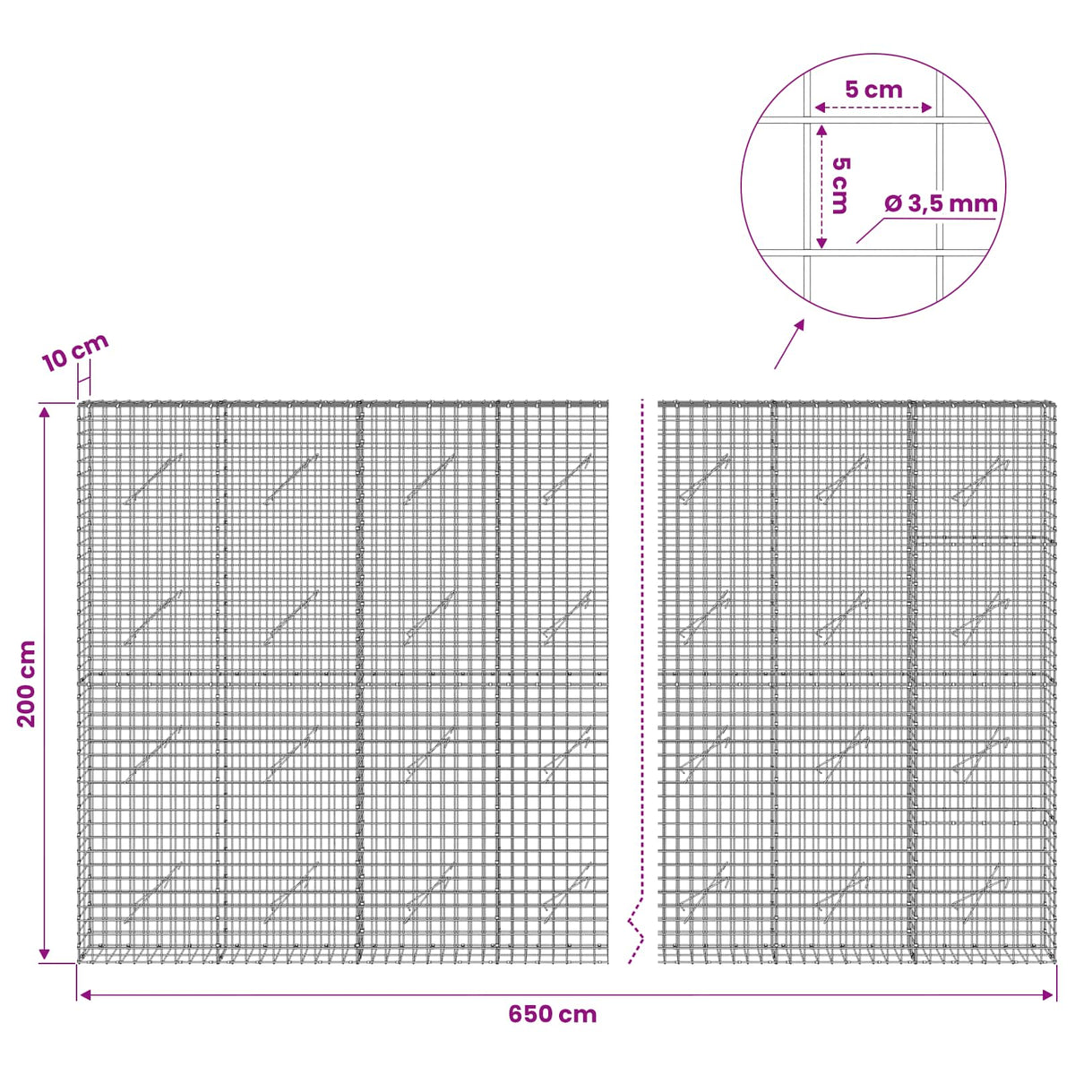 Gabionas su 3,5 mm laidu ir 5x5 cm tinkleliu 650x10x200 cm