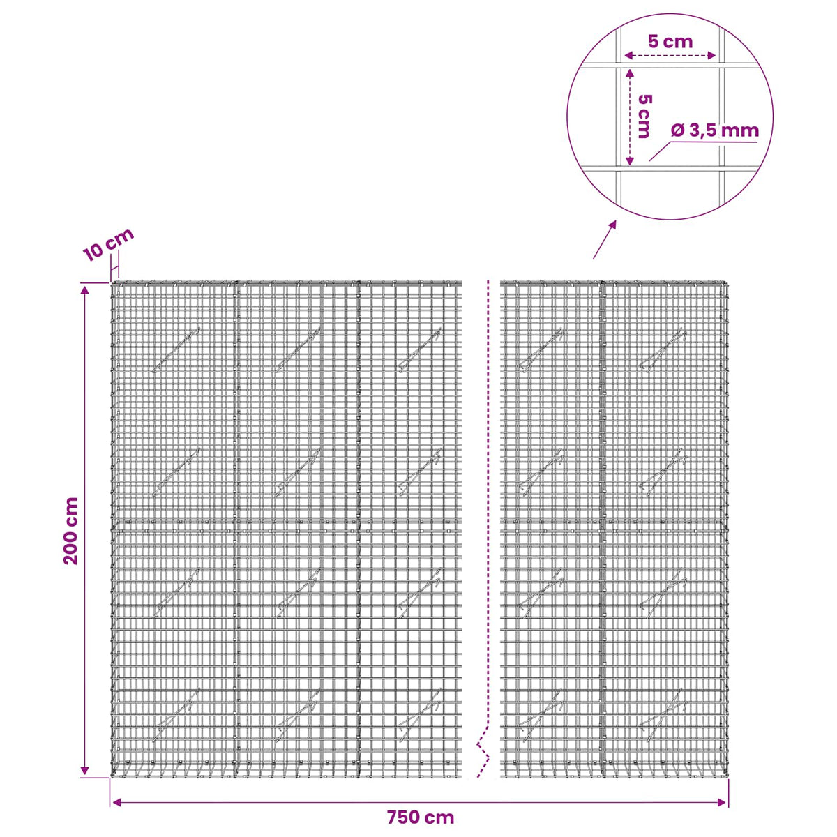 Gabionas su 3,5 mm laidu ir 5x5 cm tinkleliu 750x10x200 cm
