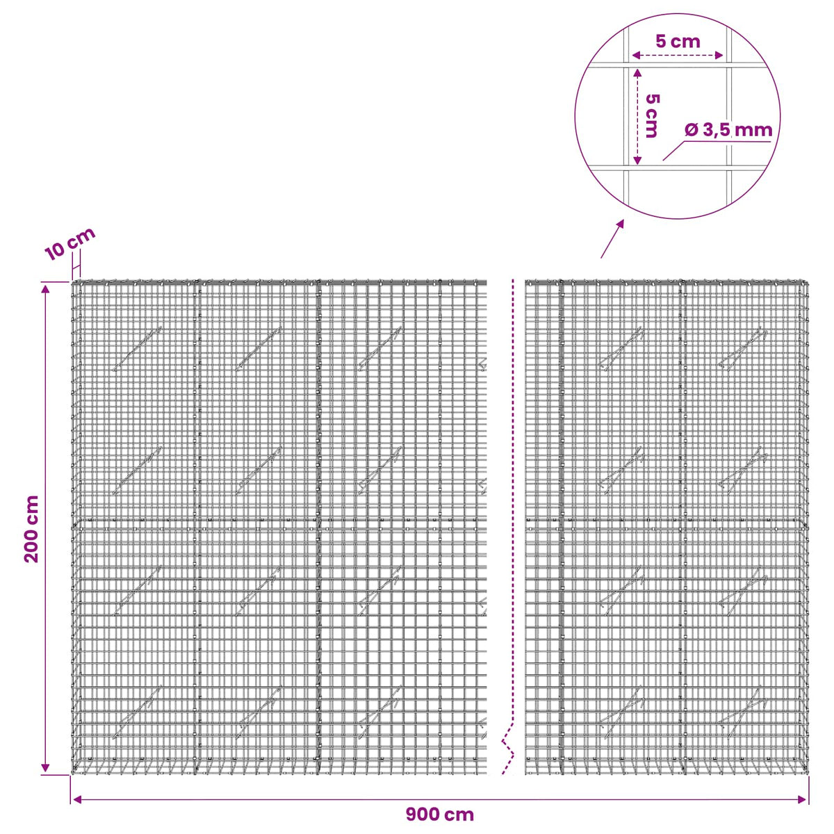 Gabionas su 3,5 mm laidu ir 5x5 cm tinkleliu 900x10x200 cm