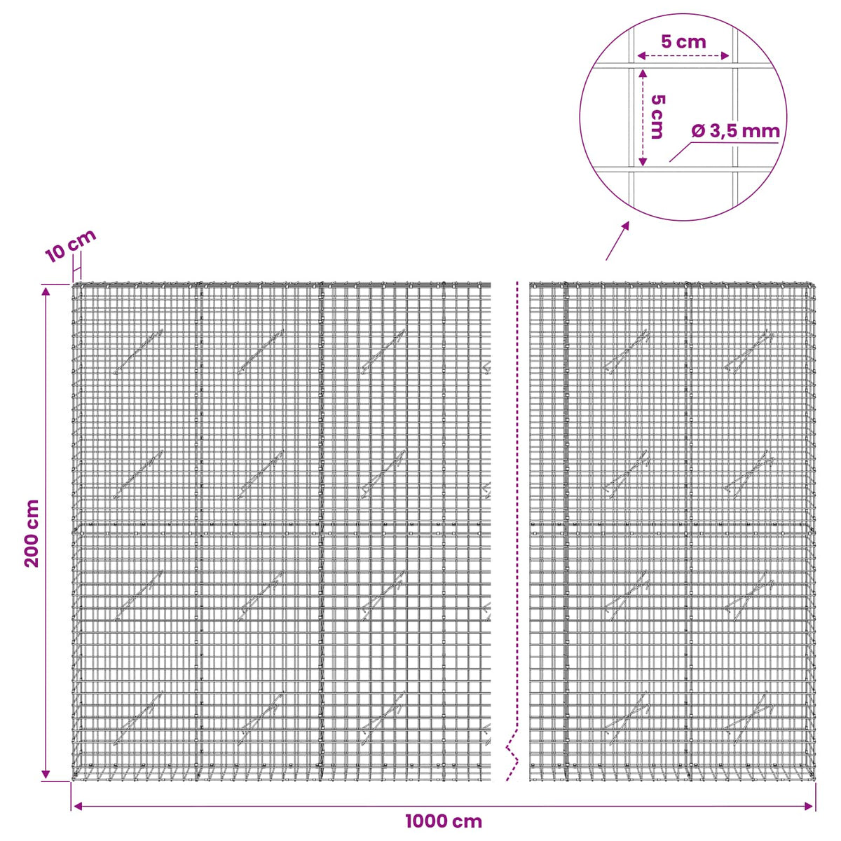 Gabionas su 3,5 mm laidu ir 5x5 cm tinkleliu 1000x10x200 cm