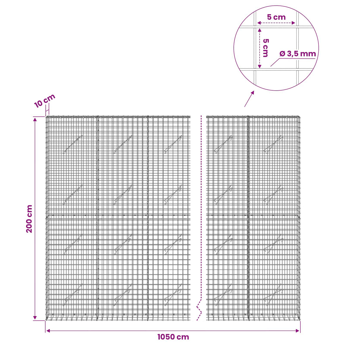 Gabionas su 3,5 mm laidu ir 5x5 cm tinkleliu 1050x10x200 cm