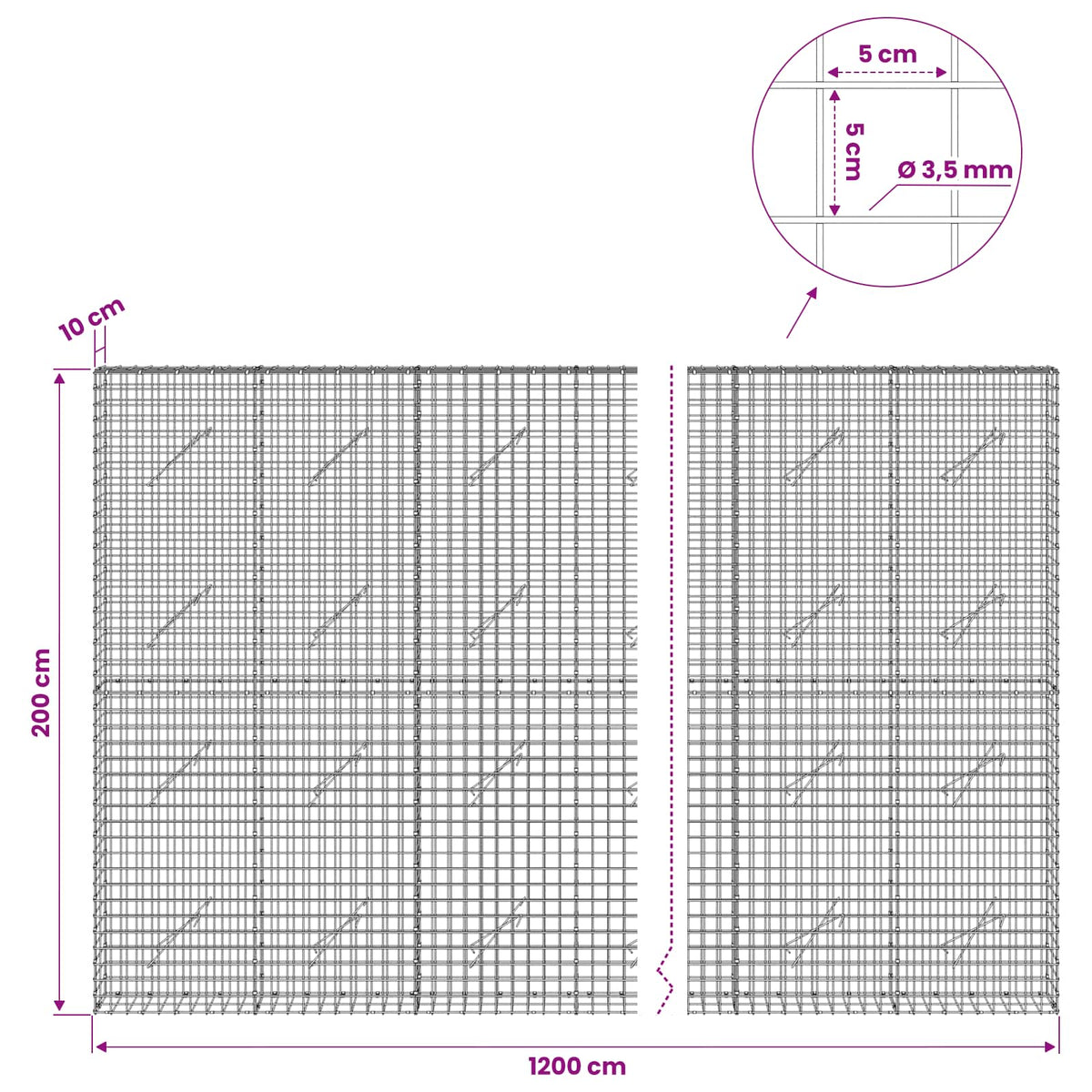 Gabionas su 3,5 mm laidu ir 5x5 cm tinkleliu 1200x10x200 cm