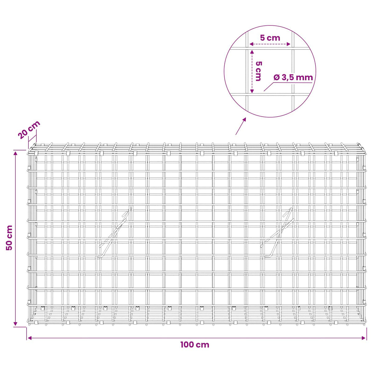 Gabionas su 3,5 mm laidu ir 5x5 cm tinkleliu 100x20x50 cm