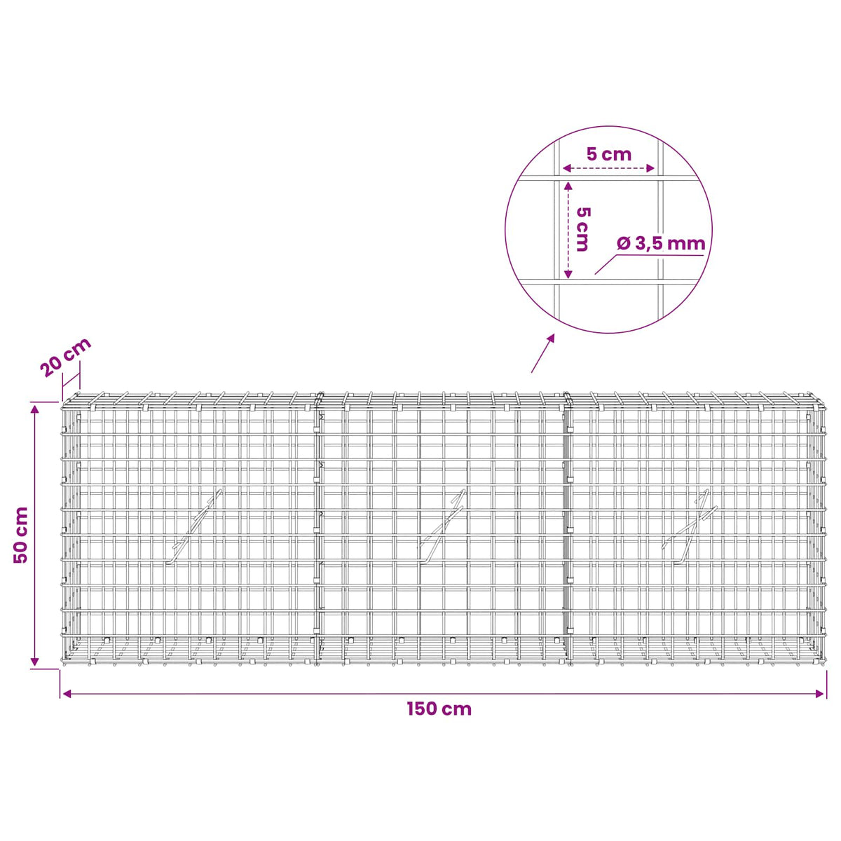Gabionas su 3,5 mm laidu ir 5x5 cm tinkleliu 150x20x50 cm