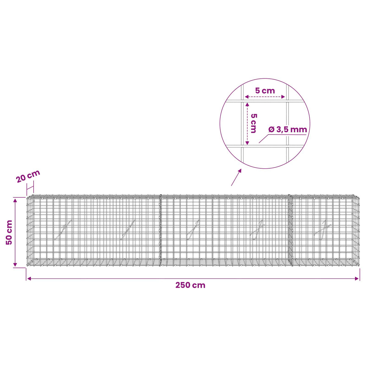 Gabionas su 3,5 mm laidu ir 5x5 cm tinkleliu 250x20x50 cm