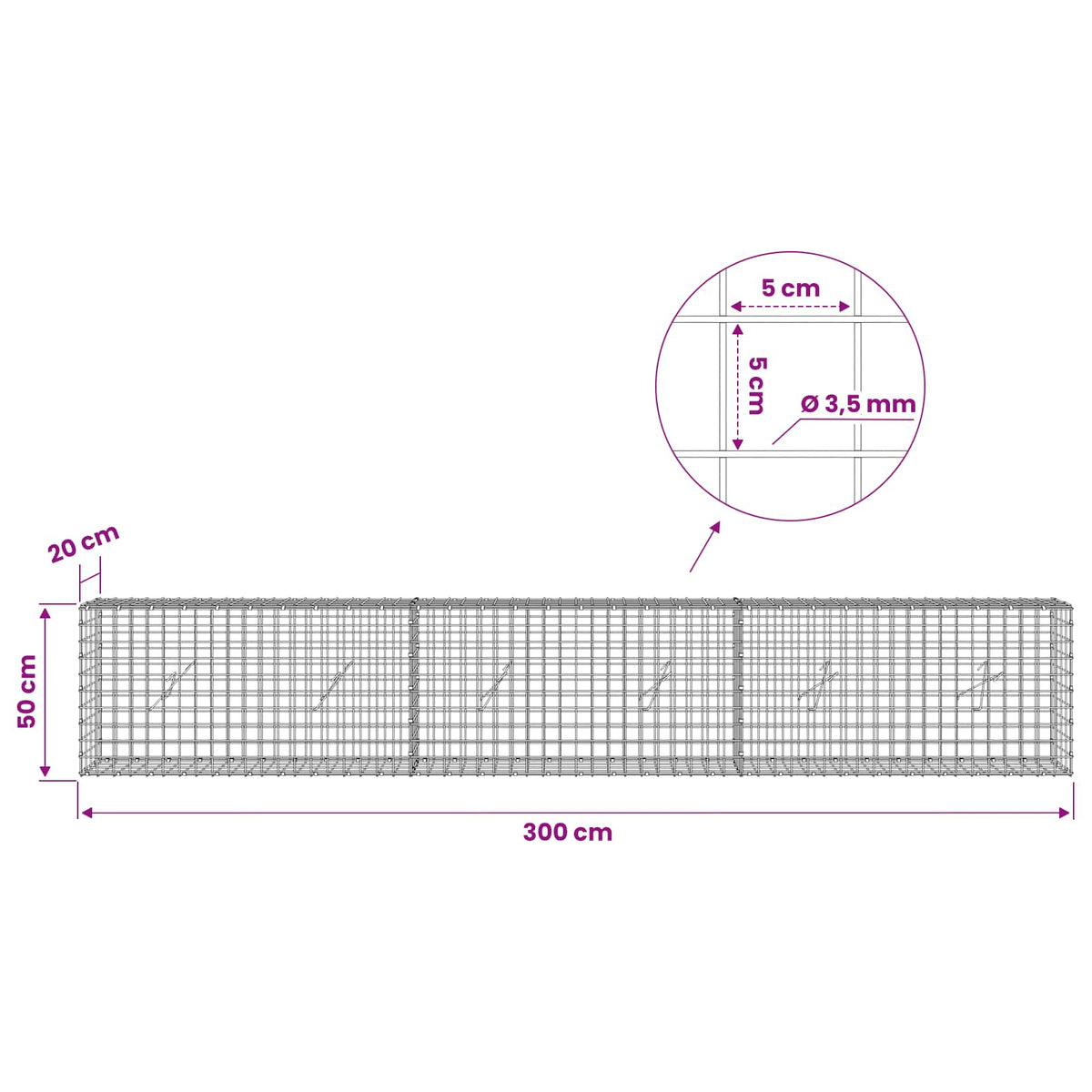 Gabionas su 3,5 mm laidu ir 5x5 cm tinkleliu 300x20x50 cm