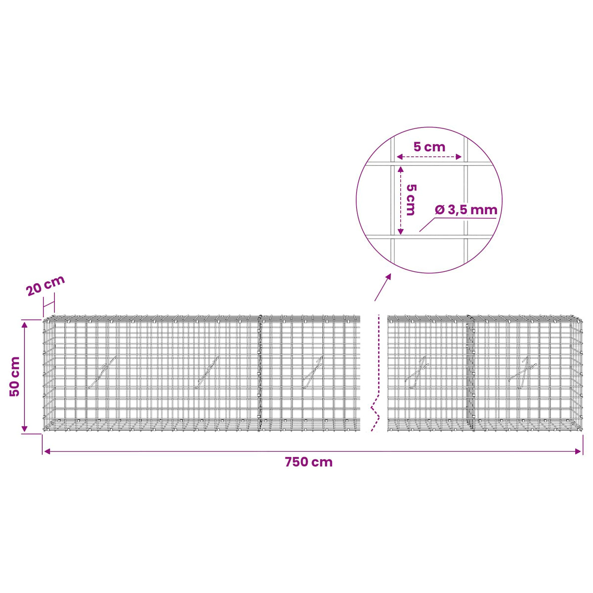 Gabionas su 3,5 mm laidu ir 5x5 cm tinkleliu 750x20x50 cm