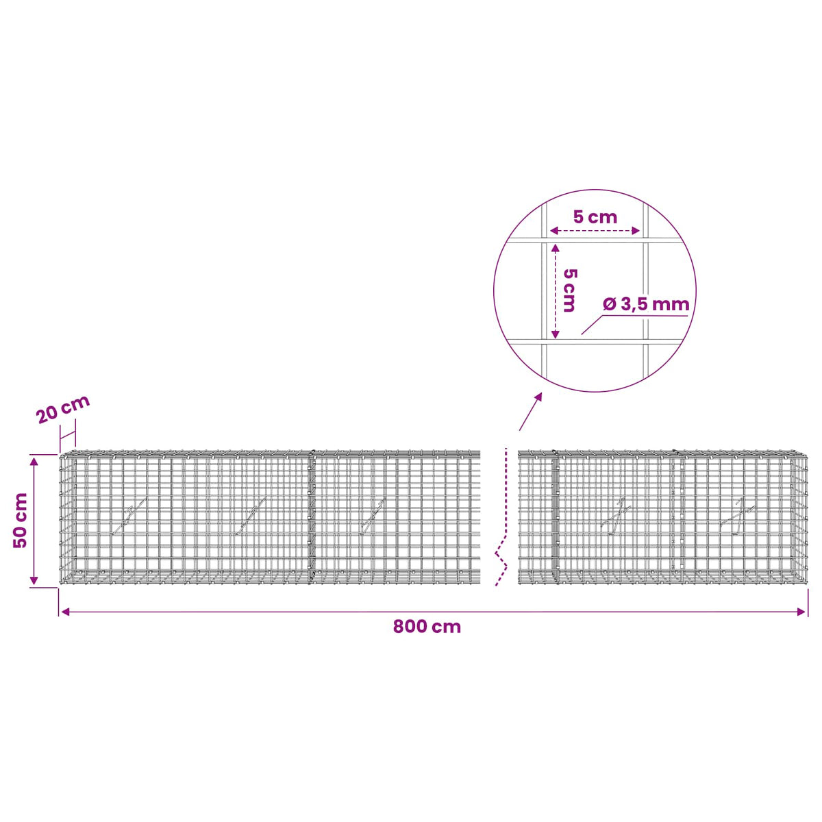 Gabionas su 3,5 mm laidu ir 5x5 cm tinkleliu 800x20x50 cm