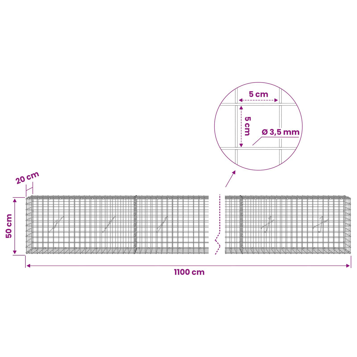 Gabionas su 3,5 mm laidu ir 5x5 cm tinkleliu 1100x20x50 cm
