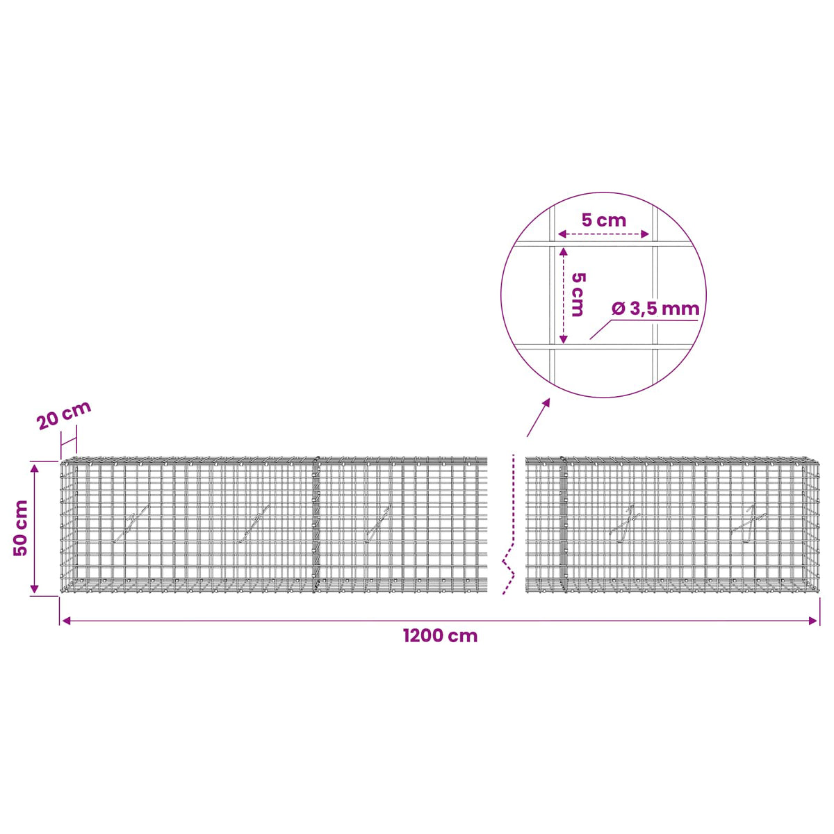 Gabionas su 3,5 mm laidu ir 5x5 cm tinkleliu 1200x20x50 cm