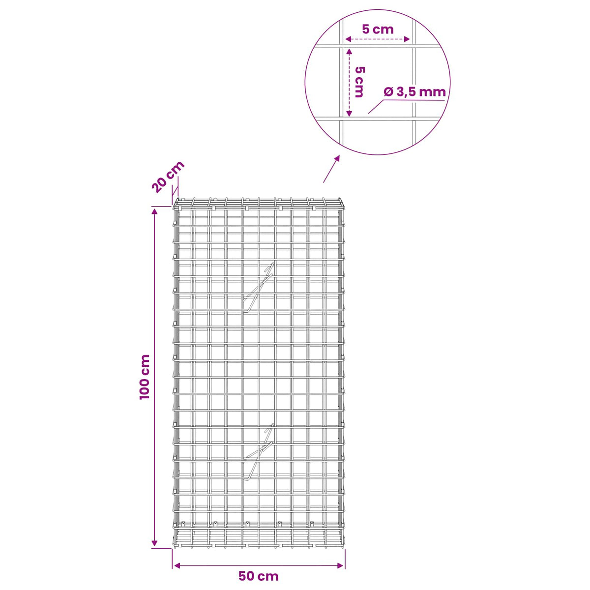Gabionas su 3,5 mm laidu ir 5x5 cm tinkleliu 50x20x100 cm