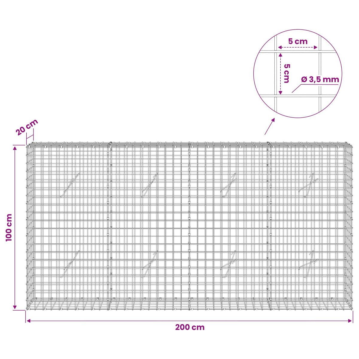 Gabionas su 3,5 mm laidu ir 5x5 cm tinkleliu 200x20x100 cm