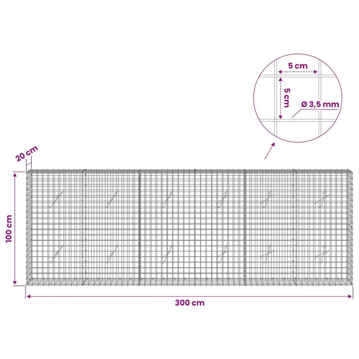 Gabionas su 3,5 mm laidu ir 5x5 cm tinkleliu 300x20x100 cm
