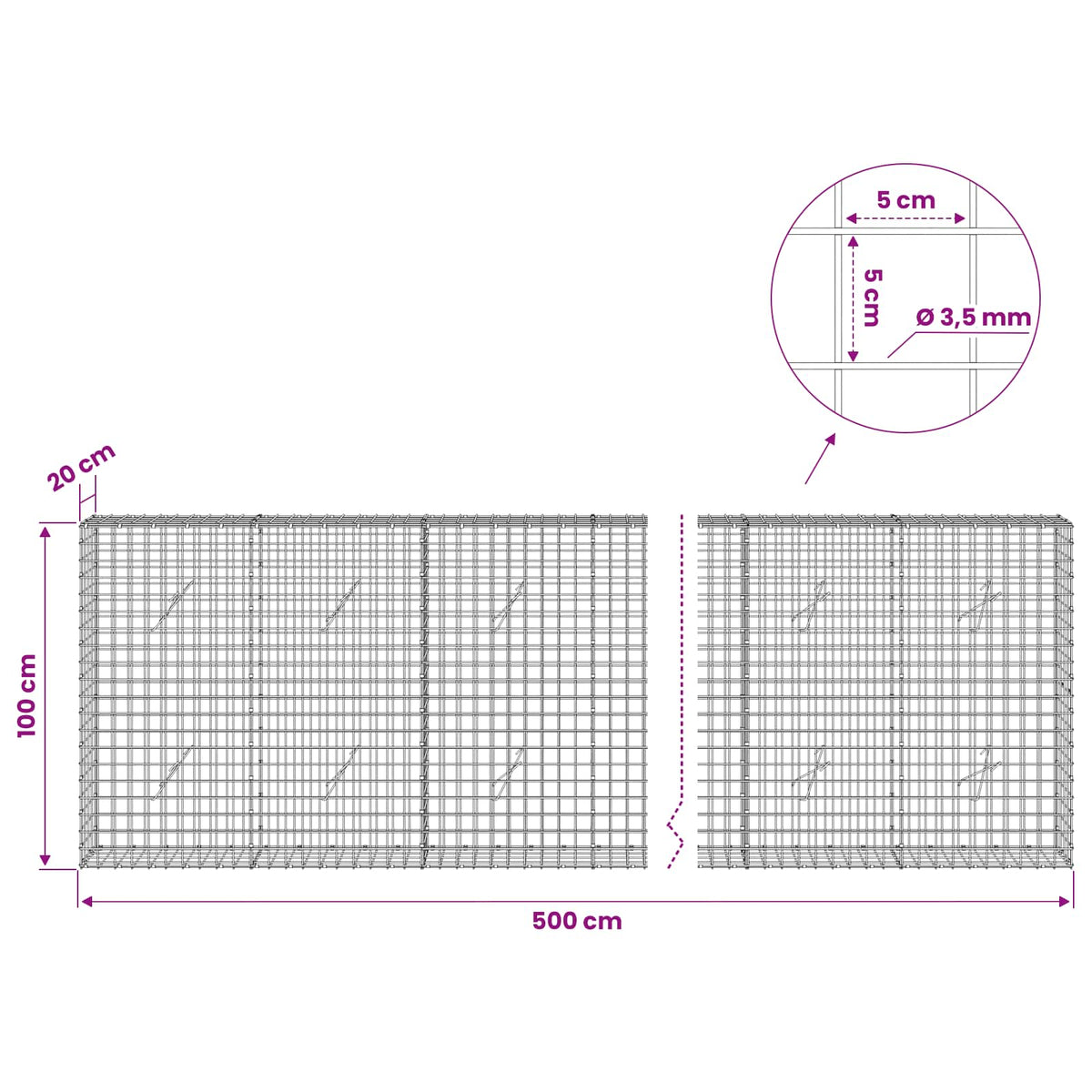 Gabionas su 3,5 mm laidu ir 5x5 cm tinkleliu 500x20x100 cm